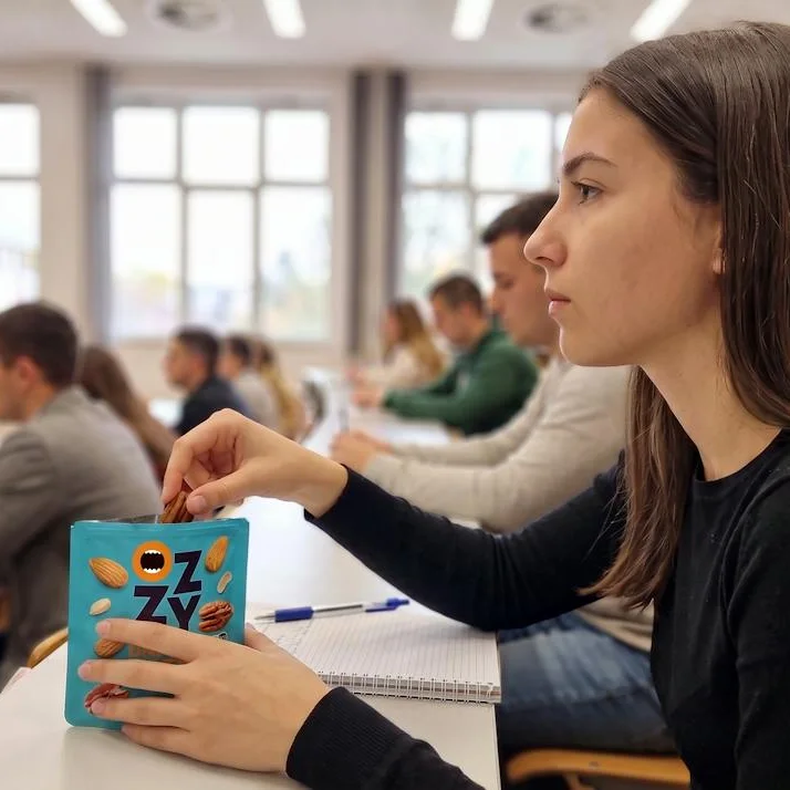 Studentkinja na predavanju uzima jedan pekan iz kesice