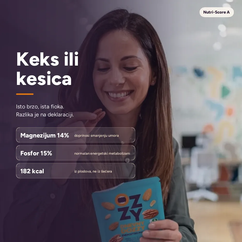 Radni dan za stolom: kesica Energetski od 30 g umesto keksa iz fioke — 182 kcal iz plodova, bez dodatog šećera